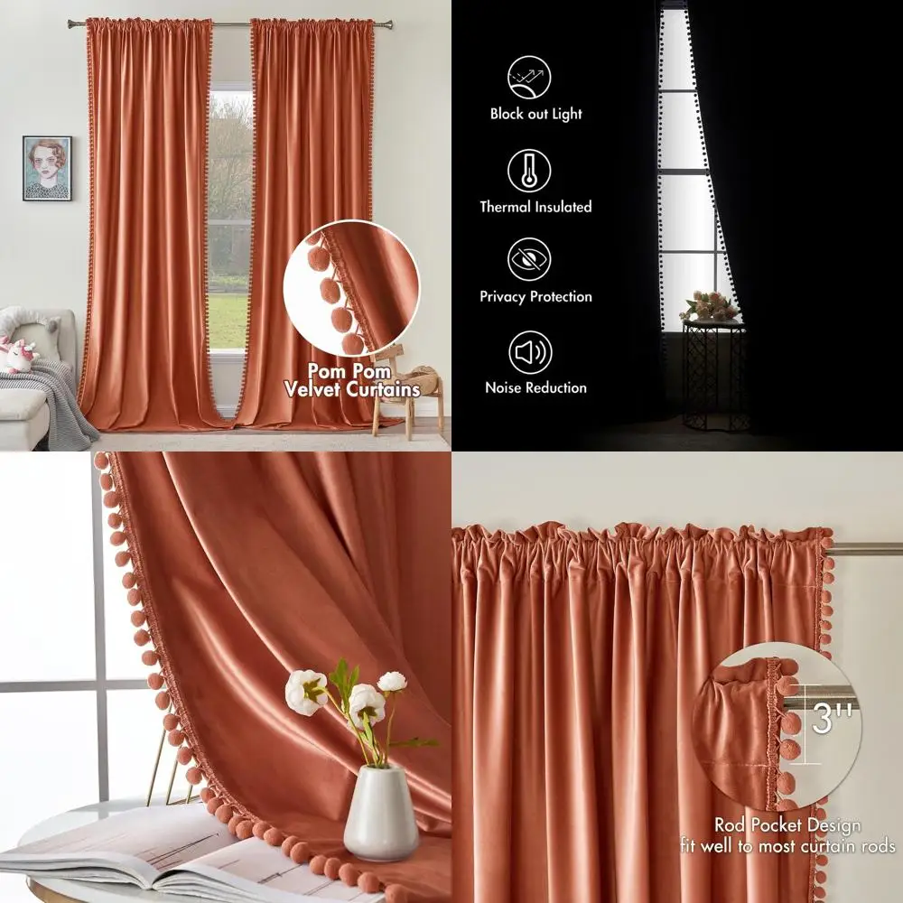 

Burnt Orange Velvet Curtains - 96 Long, Thermal Insulated, Blackout for Bedroom/Living Room, Set of 2