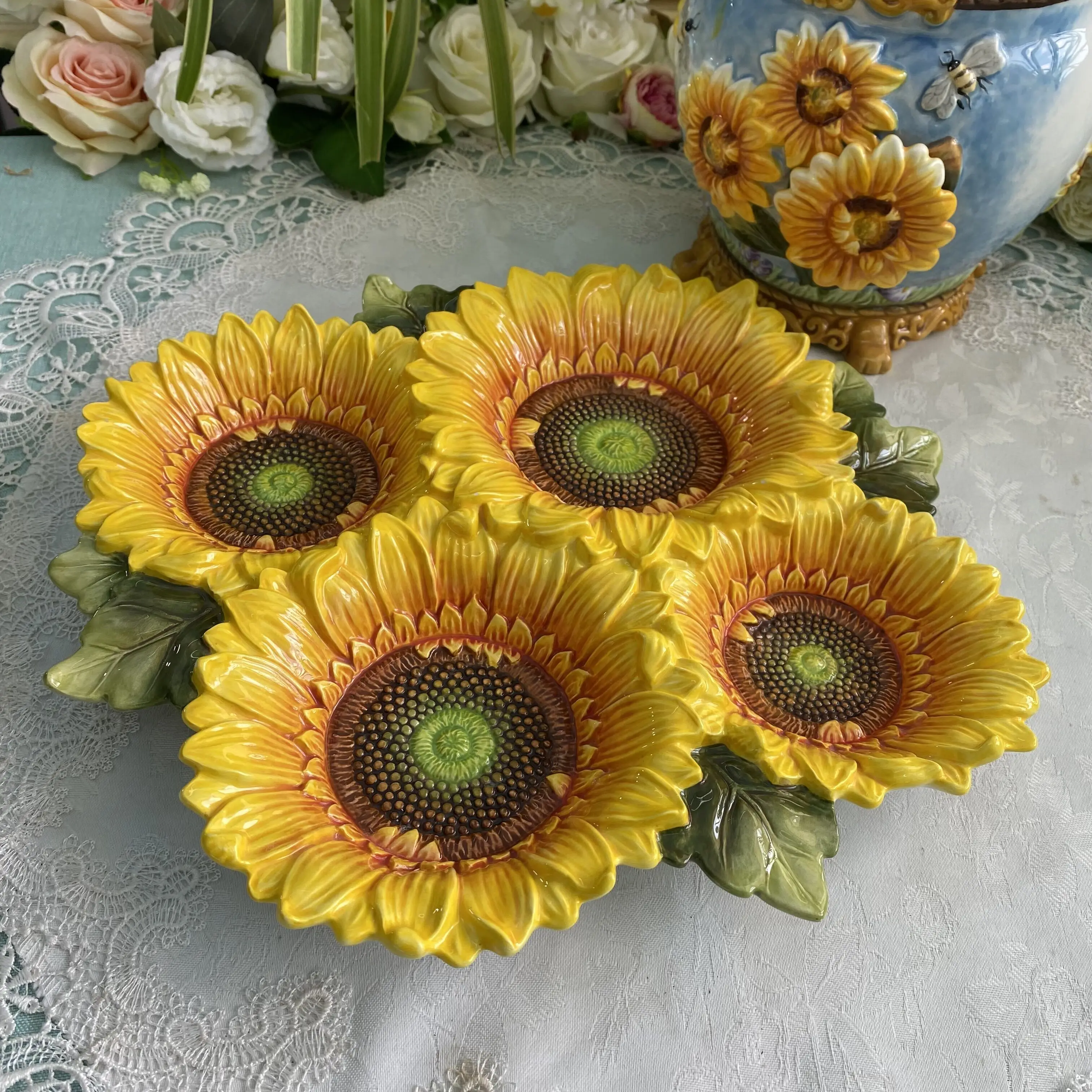 Ceramic Sunflower Fruit Storage Dish, Candy Dish, Dessert Snack Salad, Four Plate, Home Decor, Wedding Decoration Figurine