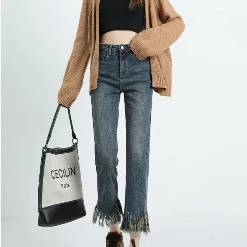 Tassel Straight Jeans for Women Autumn New High Waist Nine-point Raw Edge Cigarette Trousers Slender Temperament Elegant Daily