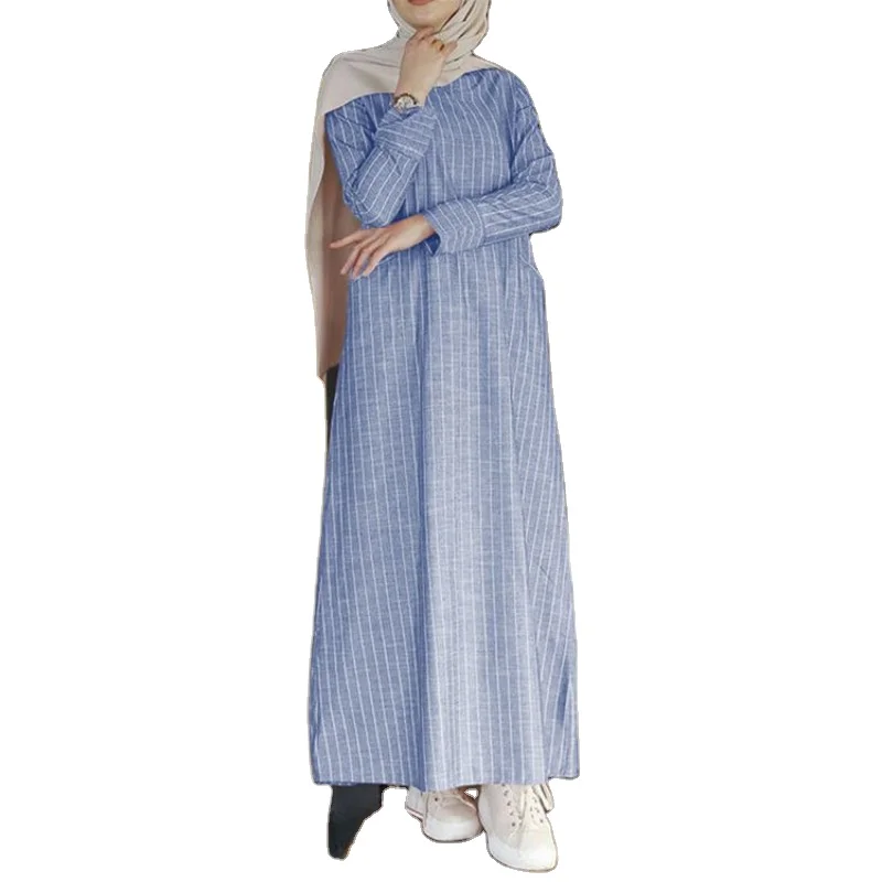 

Oem Muslim Women's Retro A-Line Dress Breathable Cotton Linen Round Neck Skirt Custom Logo Formal 5XL Abaya Dress ODM Supply