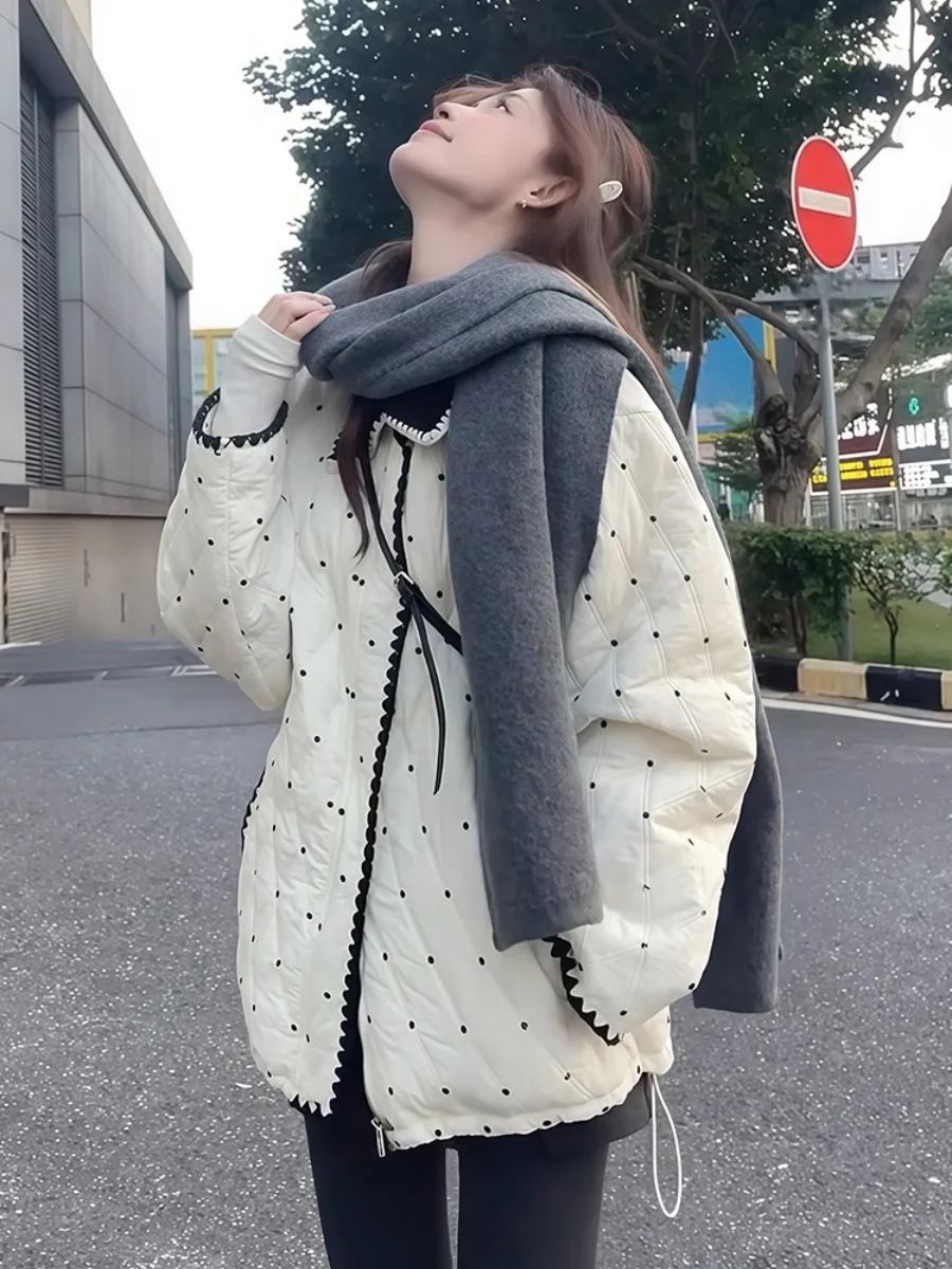 plus Size Warm Cotton Jacket Korean Style Polka Dot Color Block Diamond Pattern Autumn Winter New Unique Super Beautiful Cott...