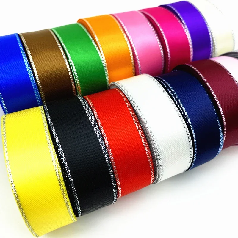 16mm High Quality Silver Metallic Edge Satin Ribbon Polyester  For Flower Gift Packing Wedding Decoration DIY ,5 yds/lot