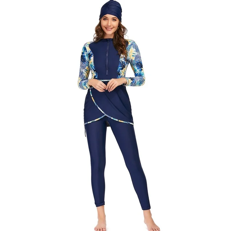 3 peça maiô muçulmano swimwears feminino impresso liso retalhos hijab mangas compridas esportes islâmico burkinis wear 2022 nova mulher