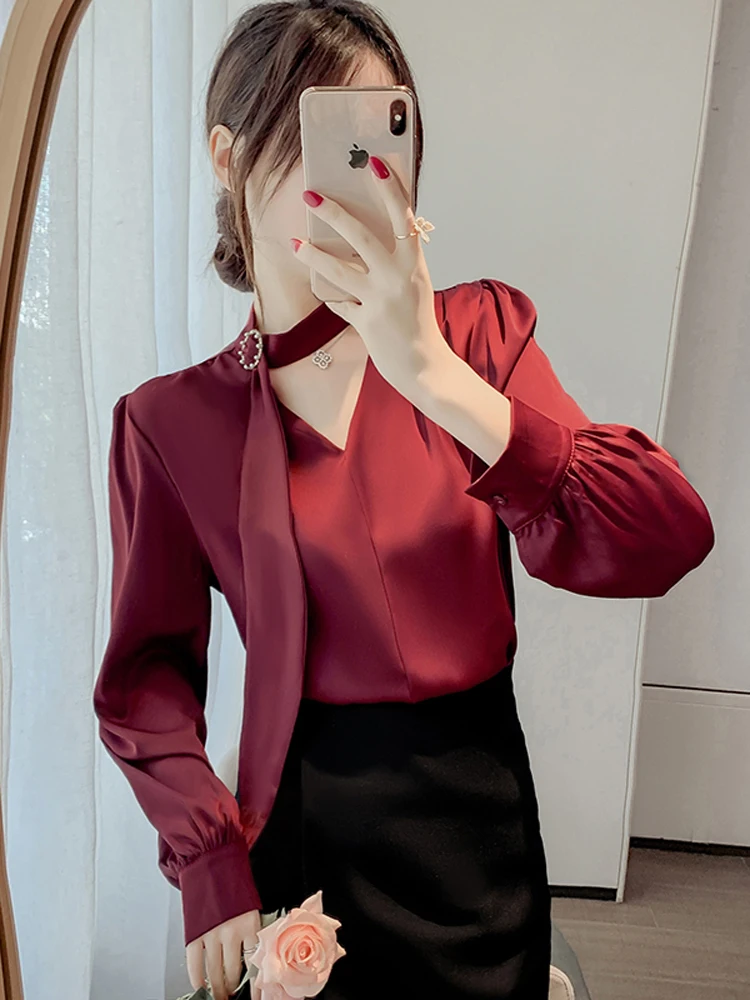 

Satin Blouse Women 2023 New Fashion Spring Lantern Sleeve Shirts Chic Office Ladies Hollow Out Long Sleeve Women Tops