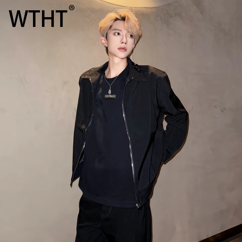 

WTHT модные мужские однотонные свободные пальто с воротником и заклепками, модные повседневные куртки на молнии с лацканами, мужские осень 2021, 2A2142