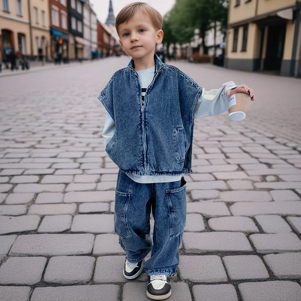 

Teens Boys Denim Set Autumn Trendy 3pcs Set American Distressed Jeans Vest Graphic Tee Cargo Pants Streetwear Outfit (Age 5-14)