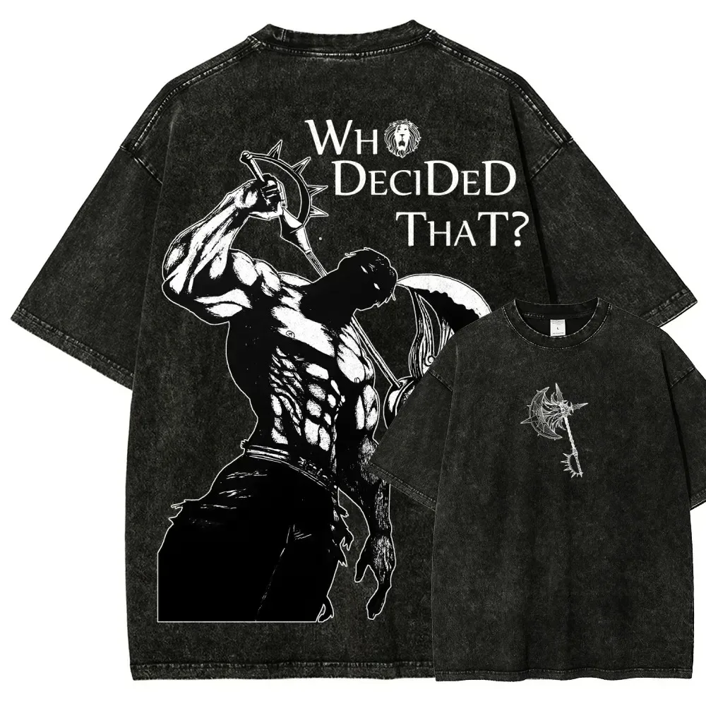 Japan Hot-blooed Anime Seven Deadly Sins Escanor Graphic WashedT-shirt Men Women Oversized Vintage Cotton Streetwear Y2k Clothes