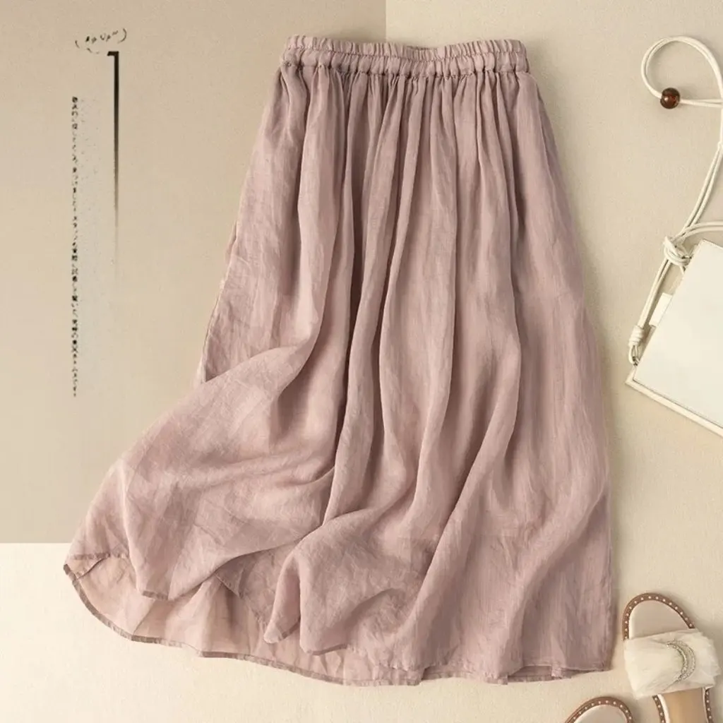 

Summer New Style High Waist Cotton Linen Skirt Elastic Waist Artistic Retro Pure Color Midi Length Cover Hip Sensation