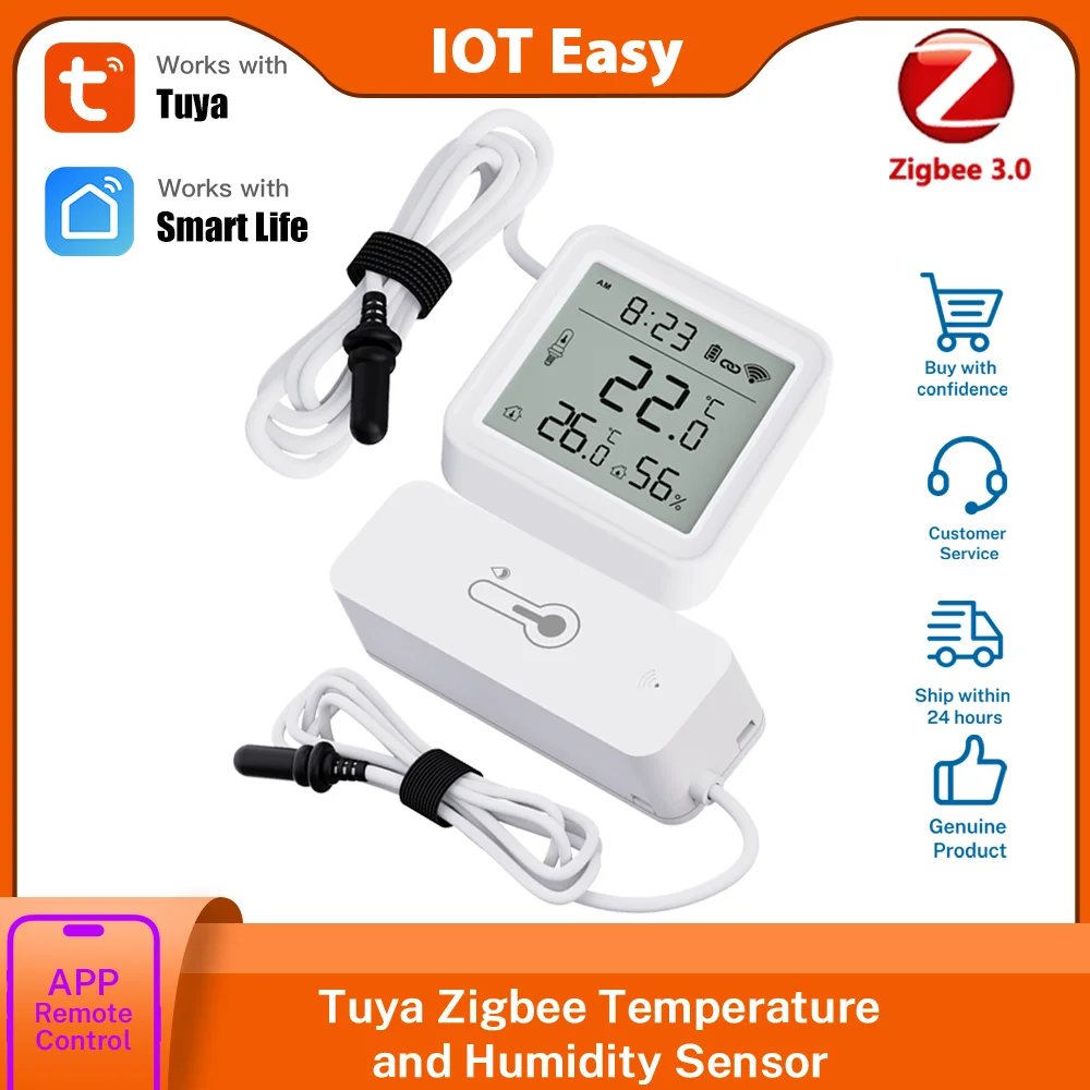 Tuya Zigbee Temp/Humidity Sensor W/ Waterproof Probe, Fridge/Freezer/Aquarium, Smart Life Alerts, Requires Gateway