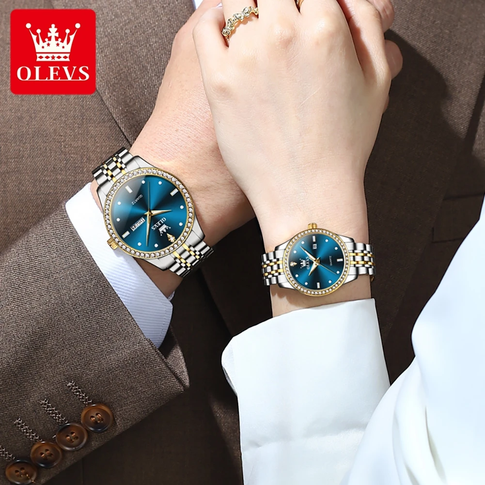 OLEVS-Reloj de acero inoxidable para parejas, accesorio de marca de lujo, resistente al agua, elegante, de cuarzo y diamante