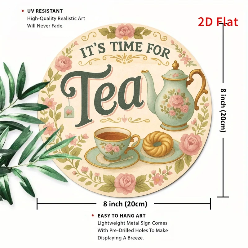 2D plane, 1pc 7. 8- inch round iron sign hanging painting- Tea time theme, suitable for coffee and beverage home and restaurant