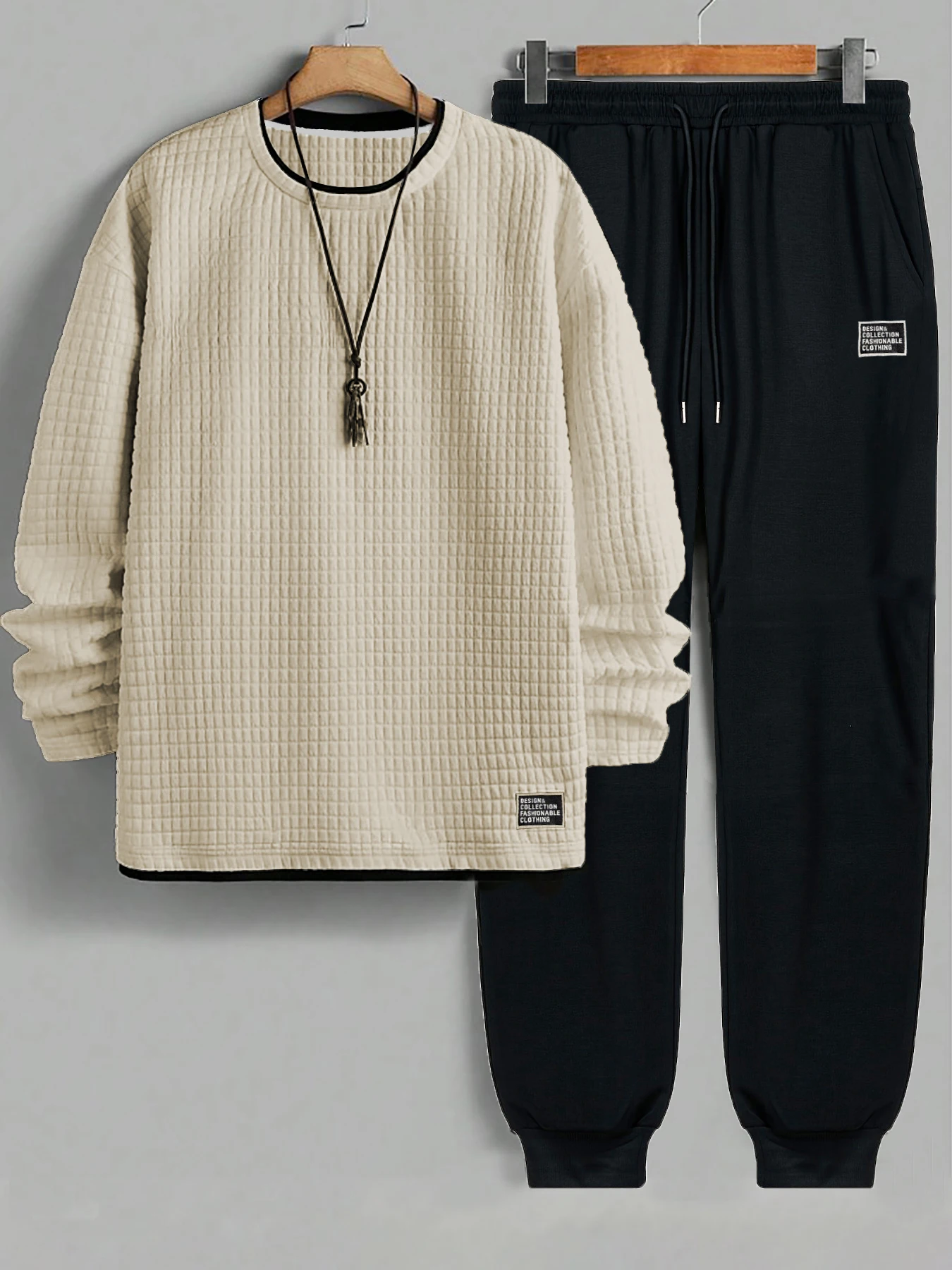 

Men's spring and autumn leisure sports set, waffle long-sleeve shirt + hooded sports long pants 2-piece set