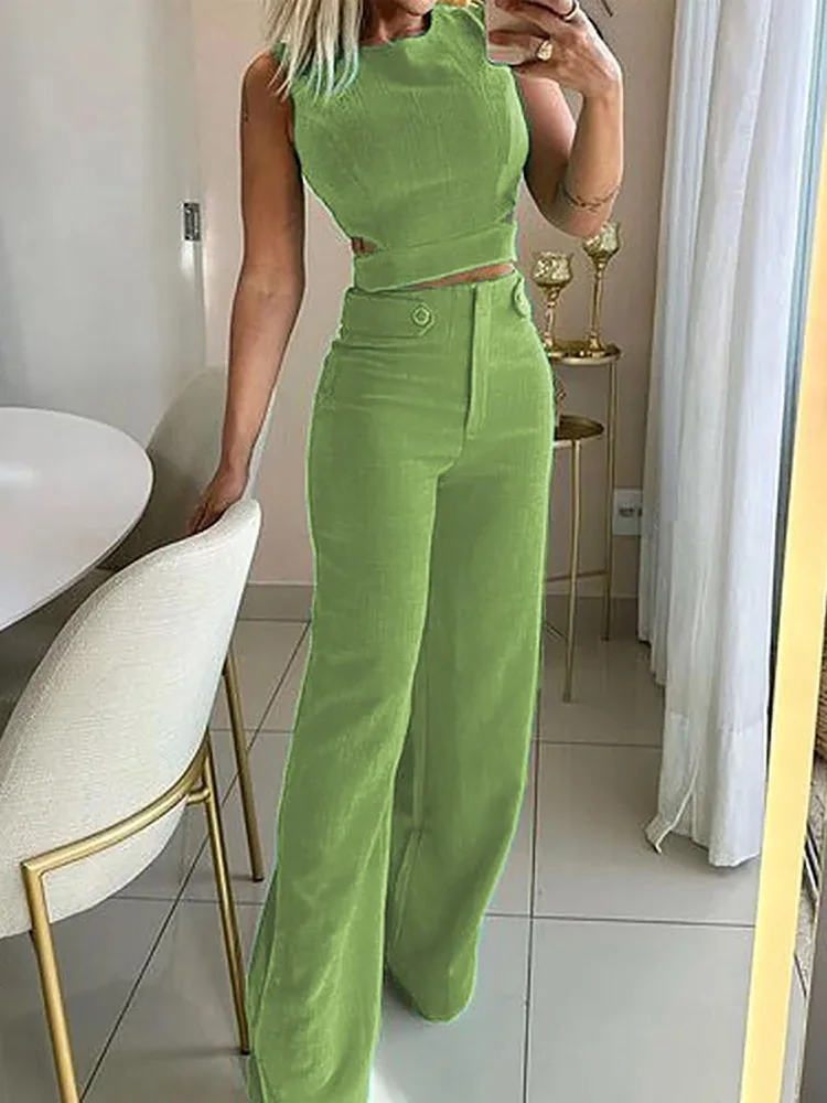 Sleeveless Solid Patchwork Two Pieces Sets, Women Summer Short Top Wide Leg Pants Outfit, 2025 O Neck Fashion Chic Ladies Suits