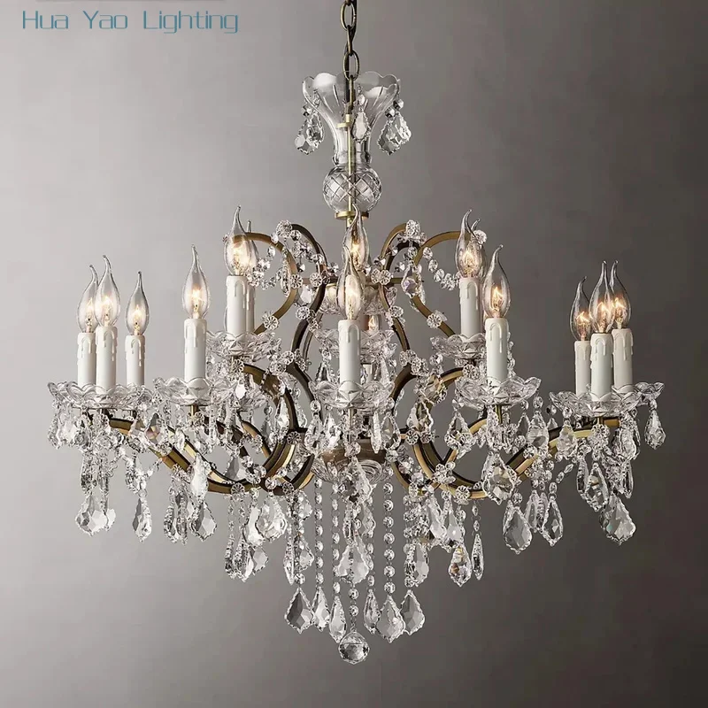 Vintage Crystal Round Chandelier Brass Candelabra Ceiling Chandelier LED Foyer Luxurious Clear Crystal Gloss Lamp