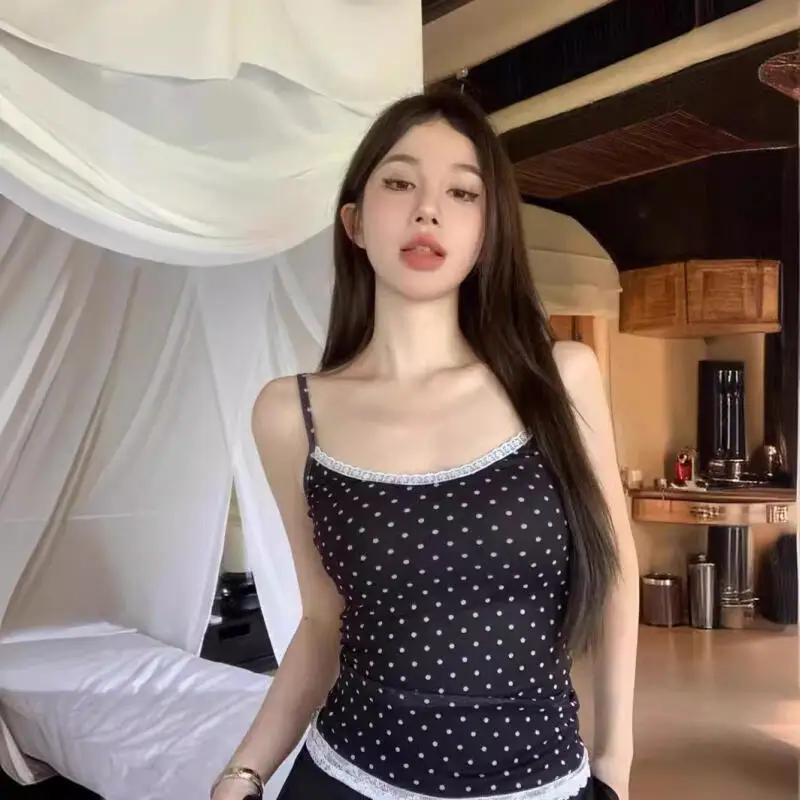 

Корейская версия искусственной кружевной камзолы в горошек, весенне-летняя новая женская одежда, утягивающий короткий топ без рукавов