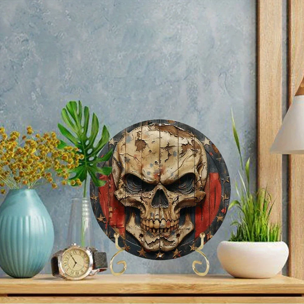 Patriotic Punisher Skull Metal Sign, Round Aluminum Art Deco Decor, Waterproof Wall Art for Office, Home, Door