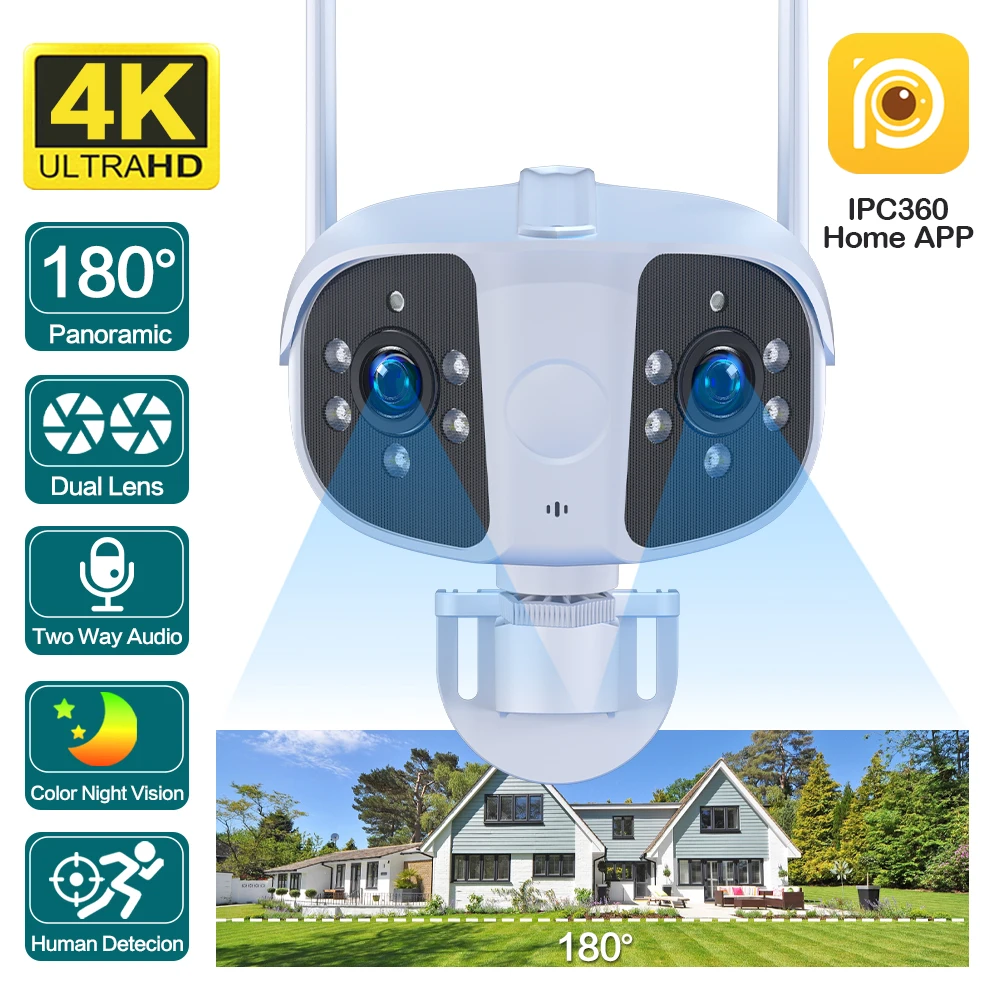 

8MP 4K 180° Ultra Wide View Angle Panoramic WIFI Dual Lens 4MP IP Camera Outdoor Motion Detection Home Security Camera Audio