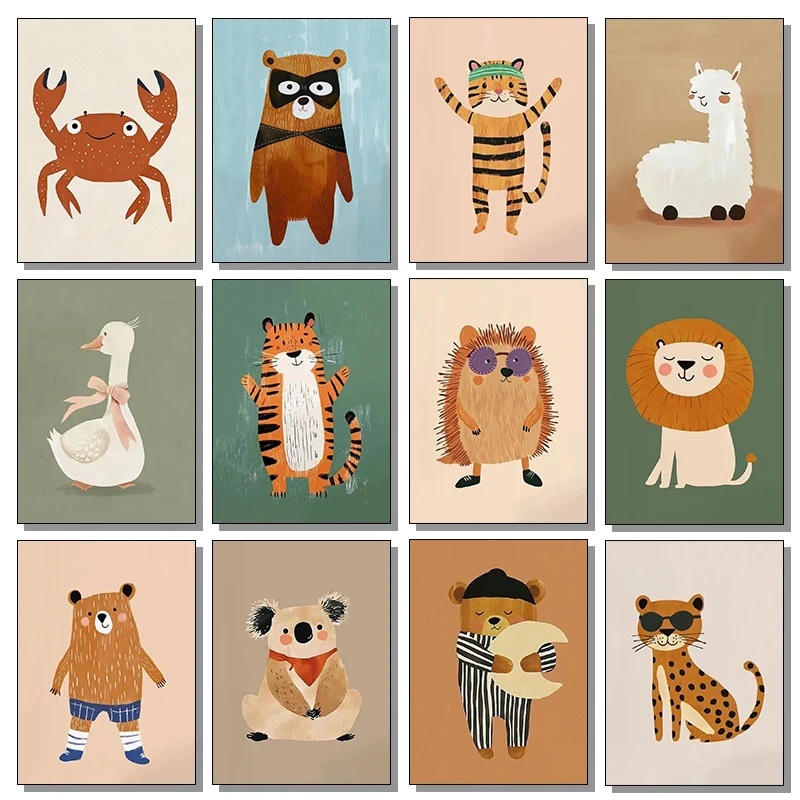 Cute Cartoon Animals Poster Frog Tiger Rabbit Illustrations Canvas Paintings and Prints Wall Art Picture Nursery Room Home Decor