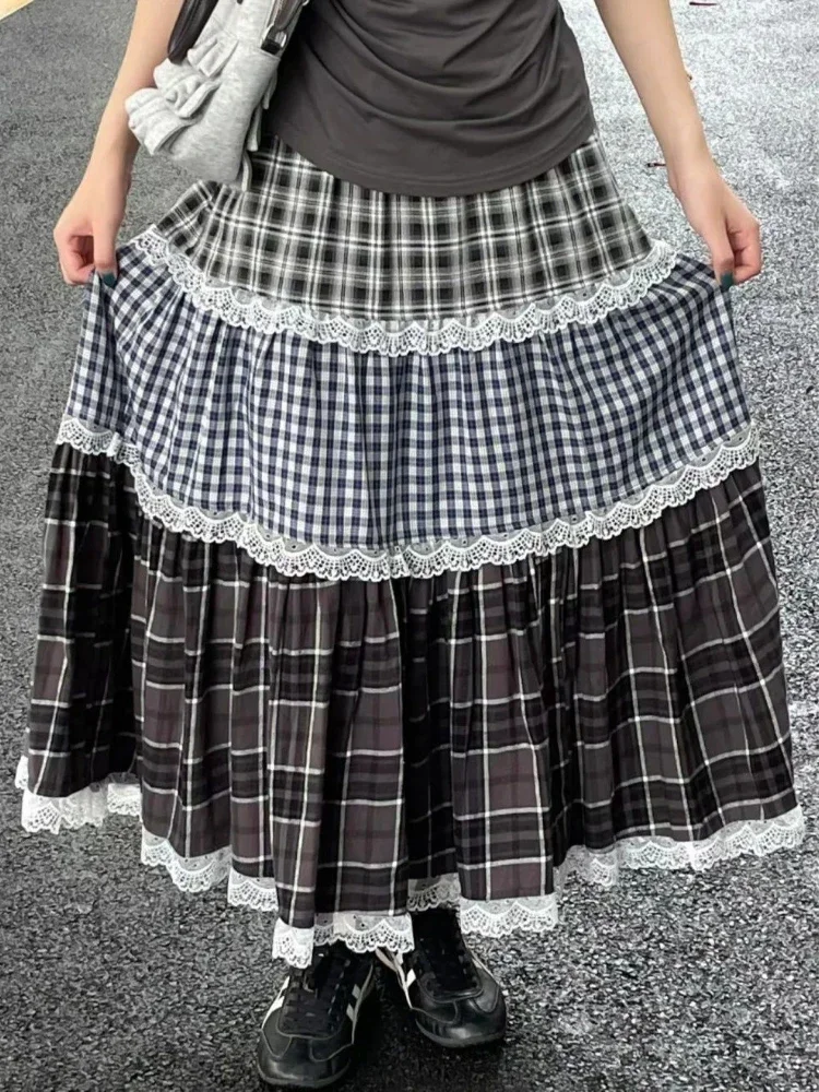 Deeptown évjárat harajuku csipkével Pléd Szoknya Nők Előkészítő iskola tanulója stílusú stv skirts Ősz téli streetwear retro a-line Feldörgöl skirts