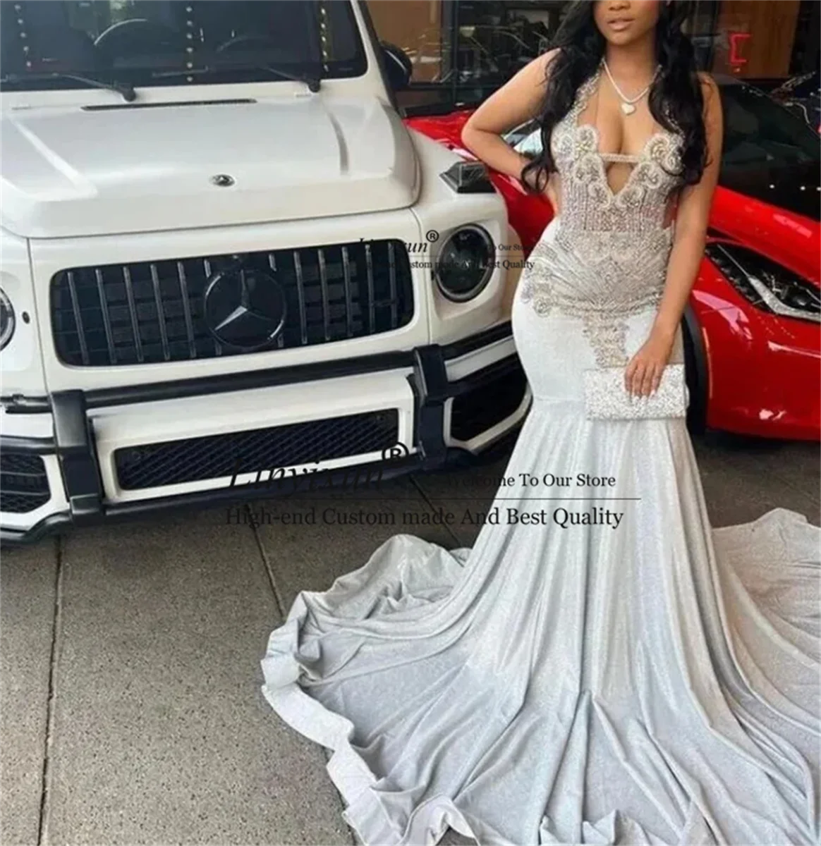 

Luxury Silver Crystal Shiny Queen Rhinestones Prom Dresses For Customized Luxury Designer Party Mermaid Black Girls Bespoke