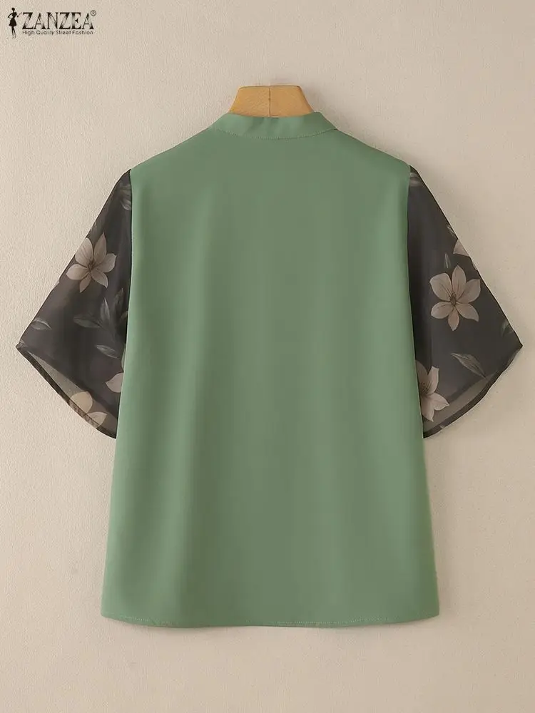 Damenblusen, elegantes Blumen-Chiffon-Patchwork, kurze Ärmel, Stehkragen, Hemden, Frühling 2026, Mode, ZANZEA, Damenkleidung, S-3XL