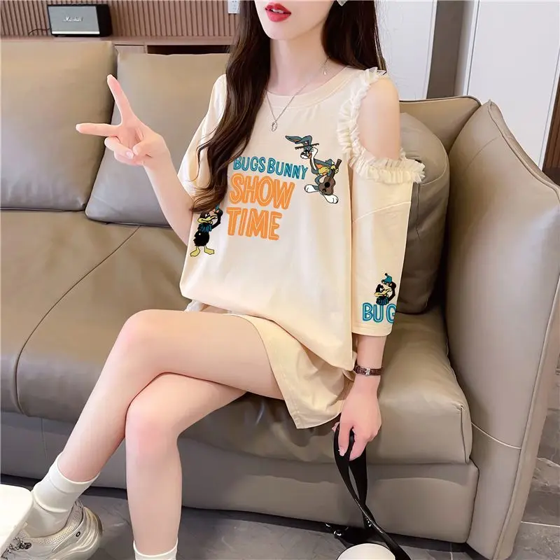 T-shirt à manches courtes et épaules dénudées pour femme, grande taille, avec dentelle et design fendu ouvert