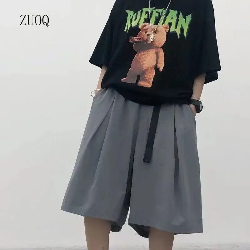 Japanese Streetwear Solid Summer Loose Casual Shorts Women High-Waisted Over-the-Knee Five-Inch Pants Woman