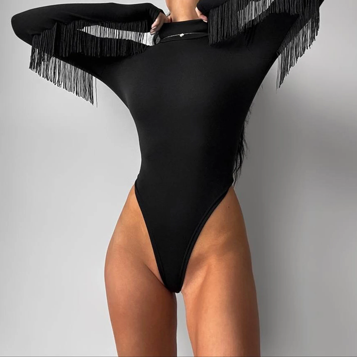 

SUCHCUTE Women's Solid Tassel Bodysuits Fashion Turtleneck Long Sleeve Rompers Sexy Party Clubwear Jumpsuits Aesthetic 90s 2026