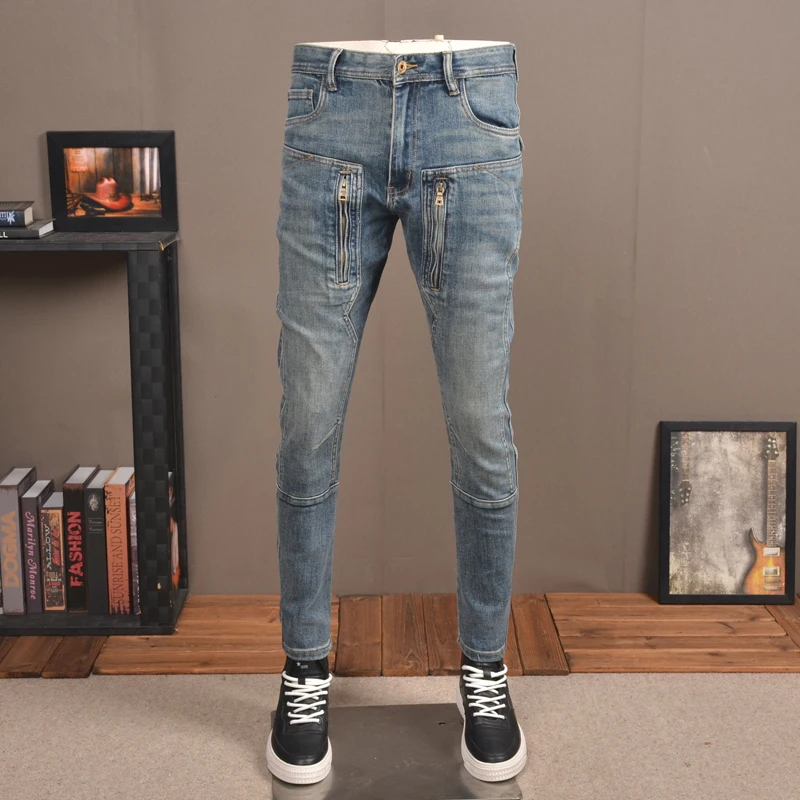 Streetwear Fashion Men Jeans Retro Blue Stretch Slim Ripped Jeans Men Trousers Zipper Designer Hip Hop Denim Biker Pants Hombre