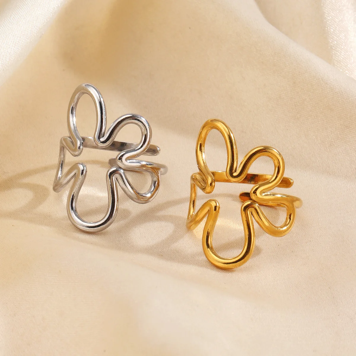 Minimalist Style Flower Ring Woman Personalized Hip Hop Jewelry Stainless Steel Line Opening Couple Rings Кольца Женс