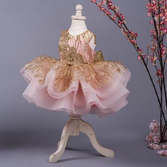 Cute Infant Girls Dresses Champagne Lace Flowers Pink Organza Knee Length Flower Girl Dress Kids First Birthday Party Gowns