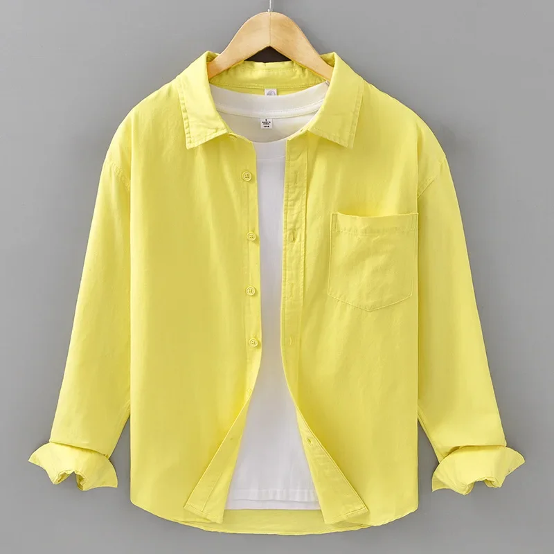 

Желтая рубашка с длинным рукавом в корейском стиле для мужчин, весенне-летняя повседневная рубашка из чистого хлопка с лацканами, карманами и пуговицами, простая мужская одежда