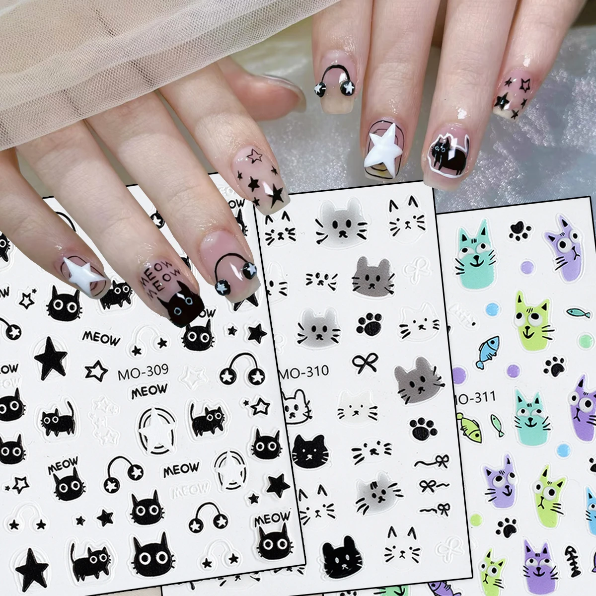 3/6 Sheets 5D Cat Nail Stickers, Cute Embossed Cartoon Kitty Nail Art Decals with Stars and Paws for DIY Manicure Decorations