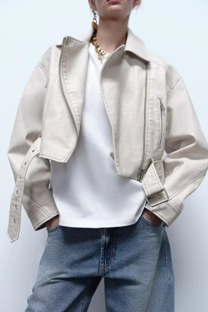 Chaqueta de cuero sintético para mujer, chaqueta con cinturón, estilo motero, color blanco, novedad de primavera, 2024