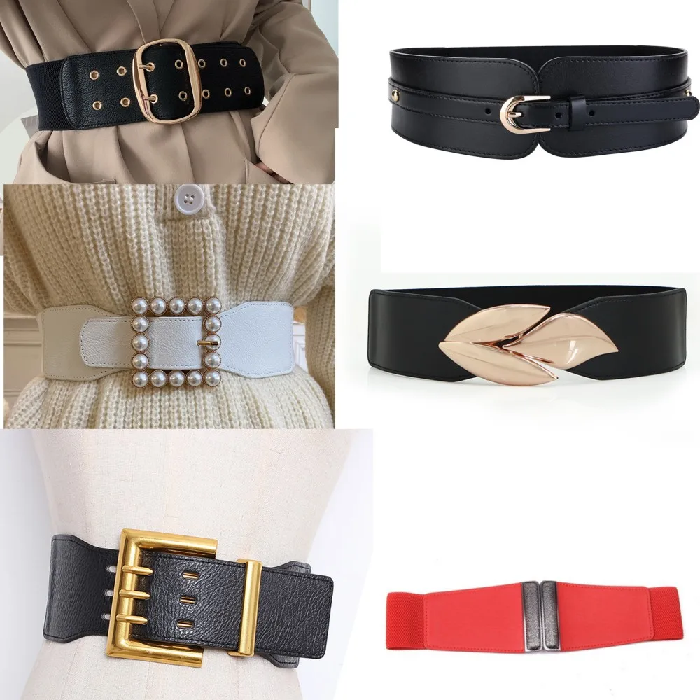 New Design Promotion Wide Belts for Women Fashion Pearl Pin Buckle Black Elastic Waistbands Skirt Coat Decorate Cummerbund Girls