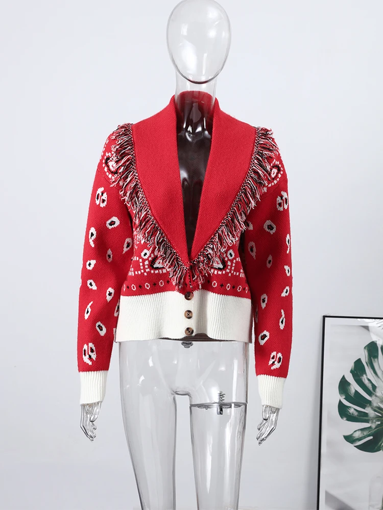 

Жаккардовый женский свитер с бахромой, модный повседневный свободный вязаный кардиган с длинными рукавами на пуговицах, весенне-осенняя уличная одежда