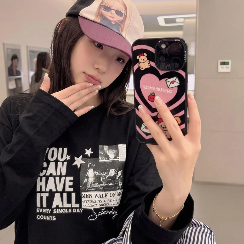 American Letter Printed Cool Black Women's Long Sleeved Base Shirt 2026 Autumn Fashion Loose Casual Top Casual Oversize Clothing