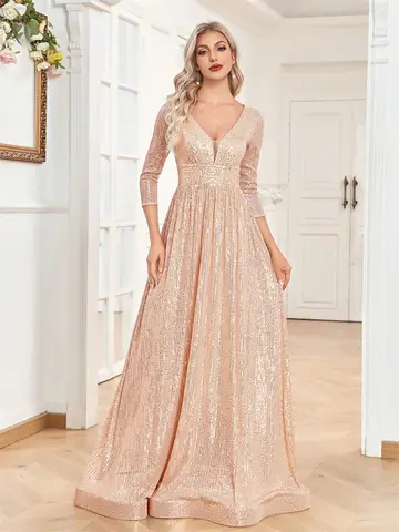 Luxury V Neck Long Sleeves Blue Sequins Formal Evening Dress Women 2024 Wedding Party Prom Maxi Cocktail Dress Gowns