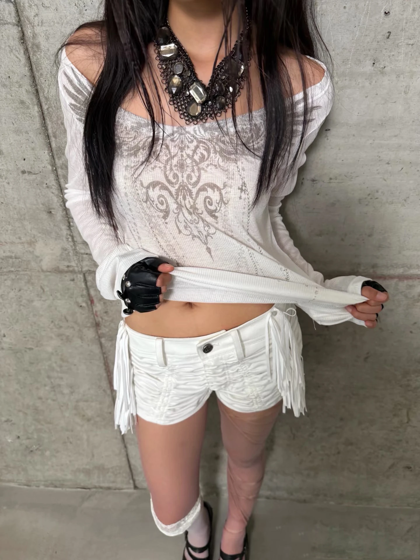 Karrcat Trashy Y2k Tattoo Print T-Shirt Grunge Ästhetik Langarm Strickoberteil Vintage Punk Transparente Streetwear Amerikanischer Retro-Stil – Detail 6