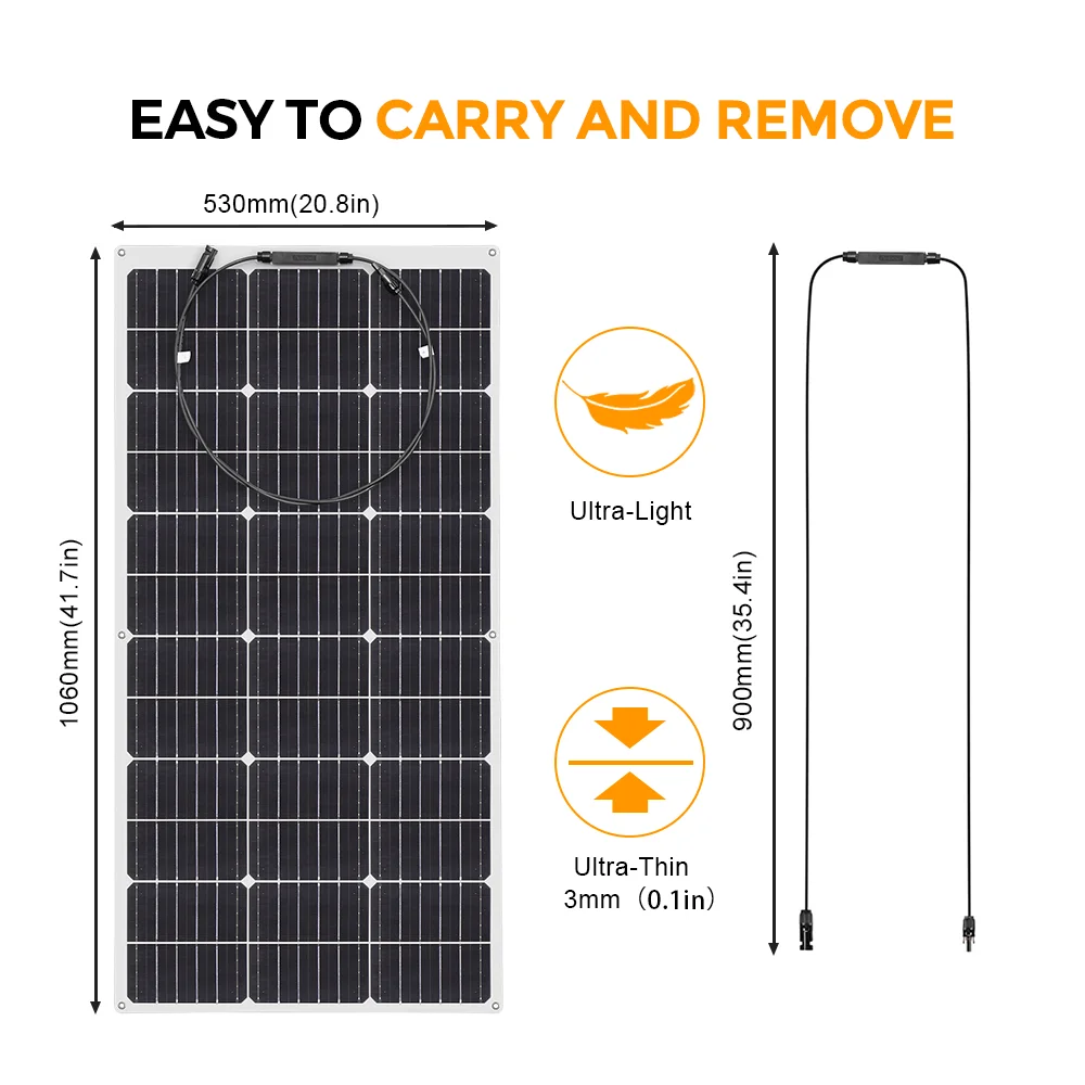 12 Volt Flexible Solar Panel 100W OR 200W Mono Cell for Off- Grid System Motorhome RV Caravan Camper Boats Roofs battery Charger