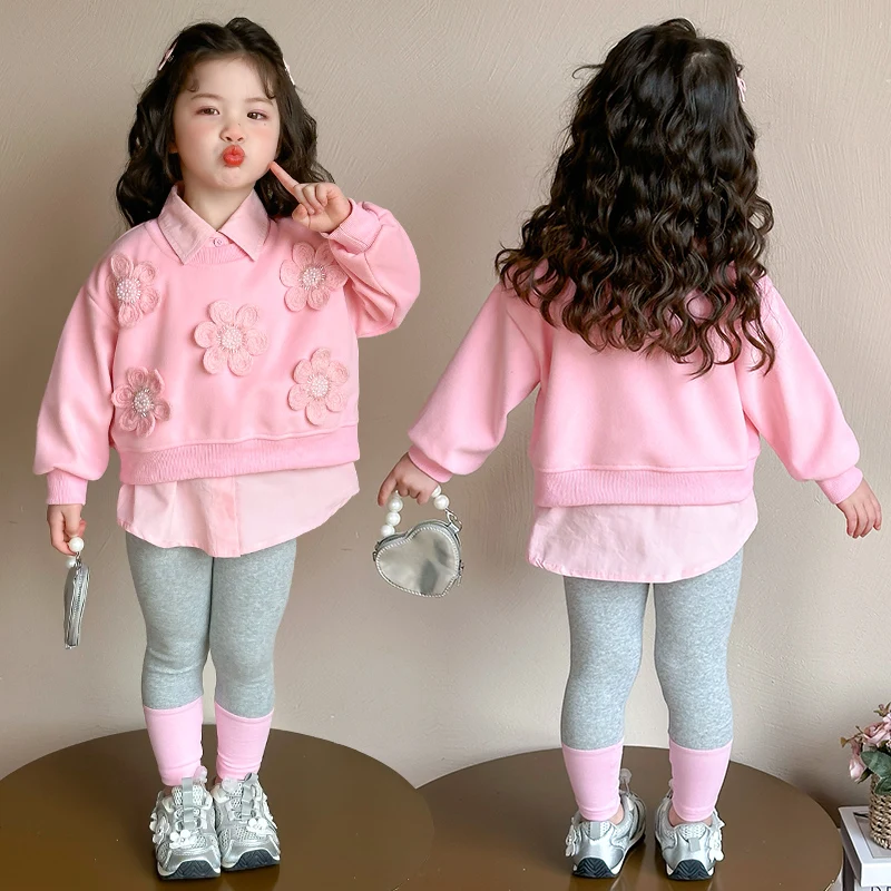 

Children Clothes Sets Autumn Winter Flower Sweatshirt+Legging Pants Suits For Kids Girls Warm Tracksuits Kids Clothing TR406