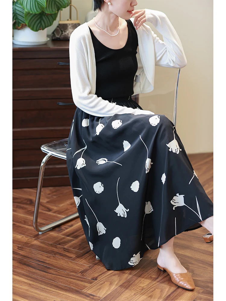 

Retro Silk Georgette Tulip Print High Waist Midi Skirt A-Line Maxi Skirt Loose Fit Casual Sle No Silk 00%