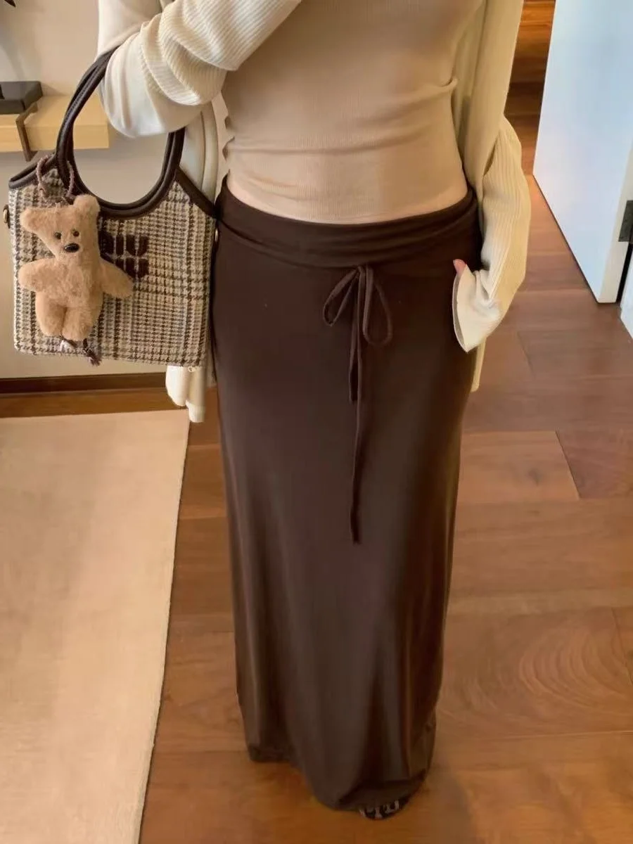 

Ego Studio Casual Leisure Silk f-length Skirt High-waist Slimming Long Dr Mid-waist Belted Commute Sle Summer 2025