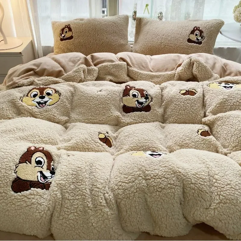 Disney Stitch Mickey Lotso Daisy Chip Dale Donald Duck Winnie the Pooh cute cartoon pattern warm sherpa bed sheet set of four