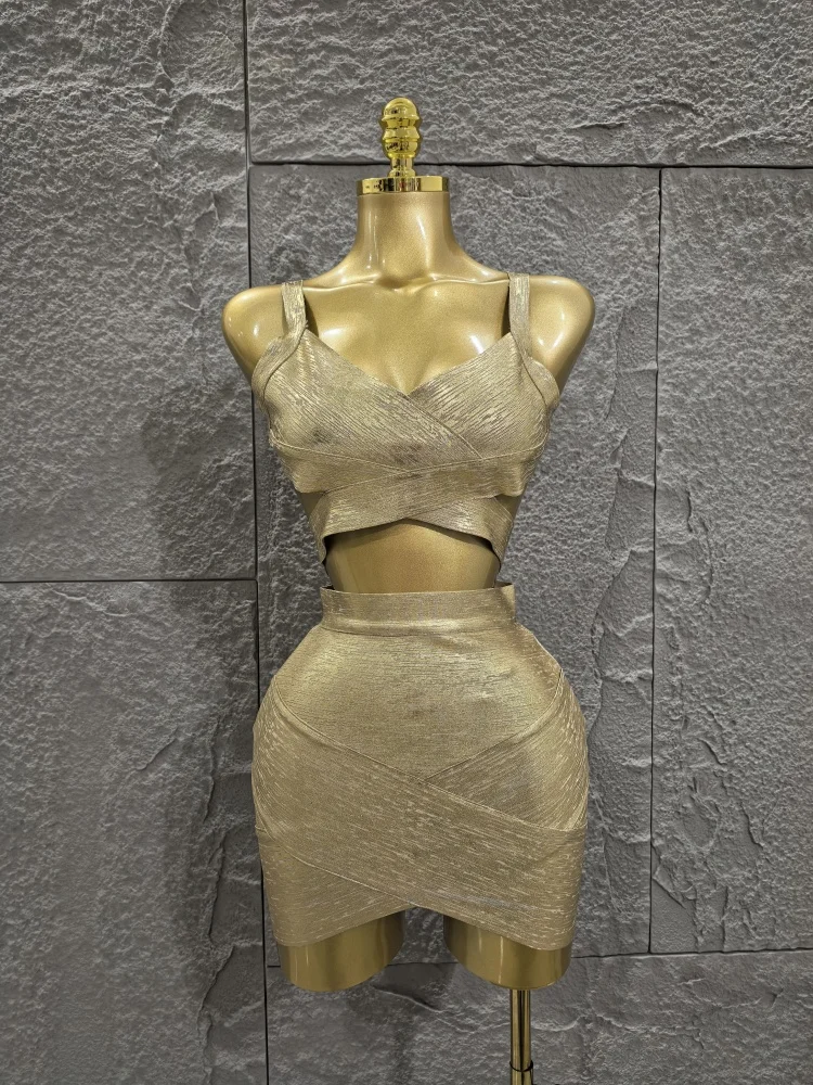 

Gold Foil Color Women Sexy Sleeveless V-Neck Tops 2 Pieces Bodycon Mini Bandage Dress Nightclub Party Celebrate Birthday Wear