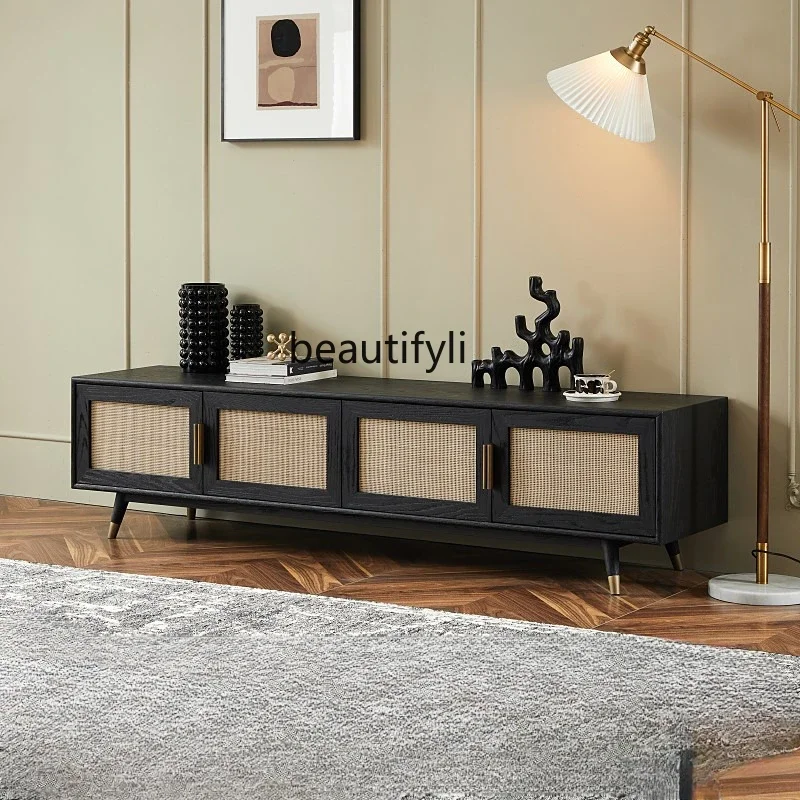 

Nordic Modern Vintage Oak TV Cabinet Rattan Light Luxury Living Room Audiovisual Cabinet Chic Silent Wind Floor Cabinet