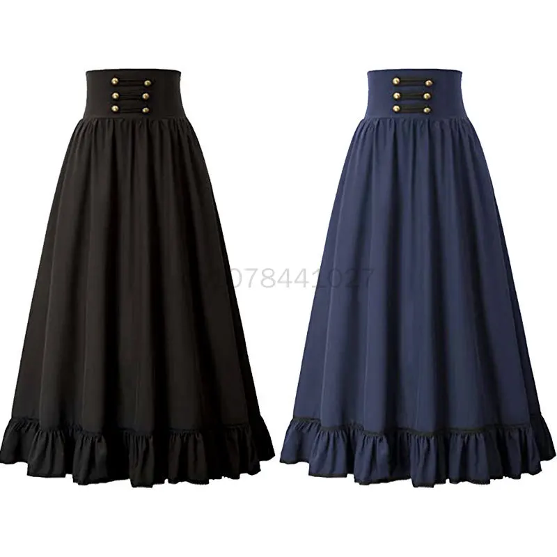 

5xl Women Vintage Gothic Maxi Skirt Renaissance Solid High Waist Ruffled A-Line Retro Pleated Skirt Lady Cocktail Party Dress up