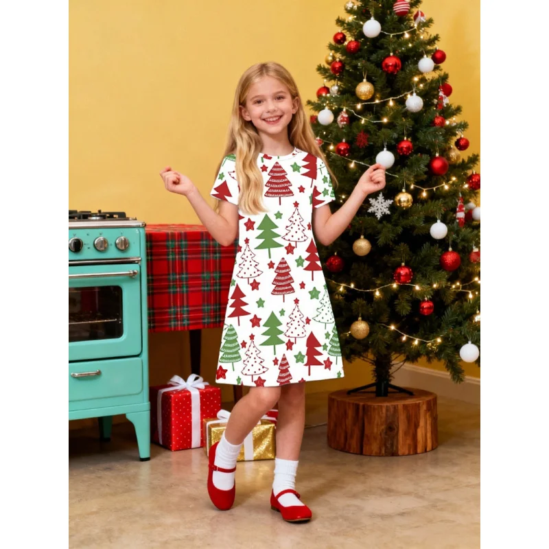 

Girls Christmas Tree Printed Short Sleeve Dress 2026 Children's Holiday Style White A-Line Skirt Cute Festive Clothing for Kids