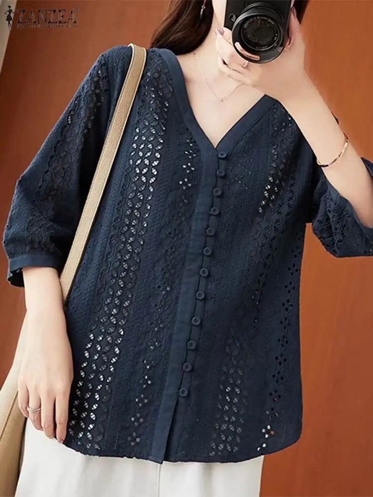 

ZANZEA Summer Cotton Women Shirt 2024 Vintage Hollow Out Embroidery Blouse Elegant V-neck 3/4 Sleeve Tunic Office Female Blusas