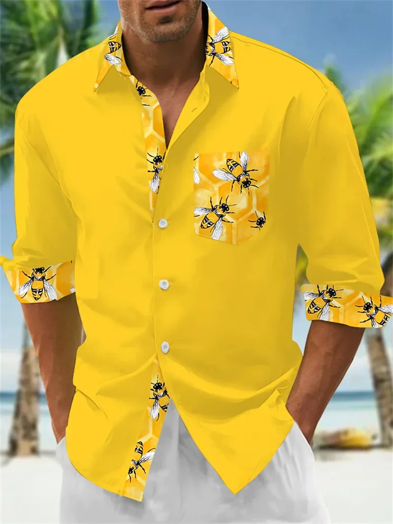 New Men's Ethnic Patterns Shirt Autumn Bee Casual Shirt Retro Shirt Long Sleeved Pattern Street Men Business Simplicity Clothing